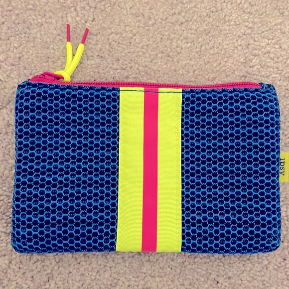 ipsy Handbags - NWOT - Blue, Lime Green & Pink Cosmetic Bag/Clutch - 7X4.5” with green interior